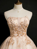 Strapless Champagne Beaded Tulle Short Prom Dress Homecoming Dress HZ1023