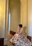 Princess A Line Spaghetti Strap Print Floral Satin Prom Dress 16th Birthday Dress HZ1023