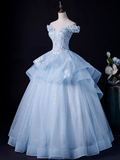 Blue Lace Tulle Appliques Long Prom Dress Formal Evening Dress HZ1023