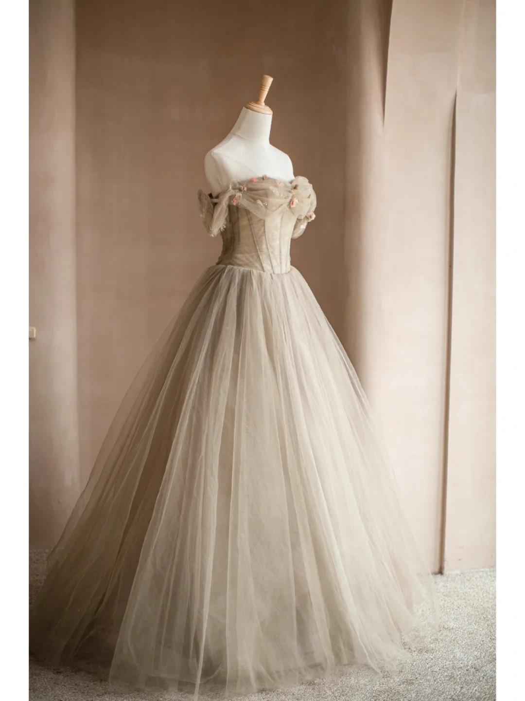 Light Camel A Line Off the Shoulder Floral Tulle Long Party Dress Prom Dress Formal Dress HZ1023