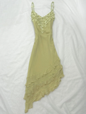 Bean Green Floral A Line Spaghetti Strap Beaded Layered Chiffon Homecoming Dress Party Dress HZ1023