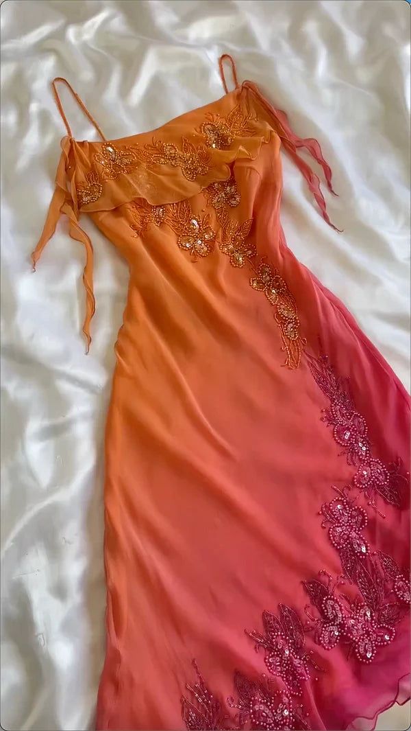 Orange Gradient Exquisite Beaded Spaghetti Strap Midi Chiffon Slim Ball Gown Evening Dress Party Dress Prom Dress HZ1023