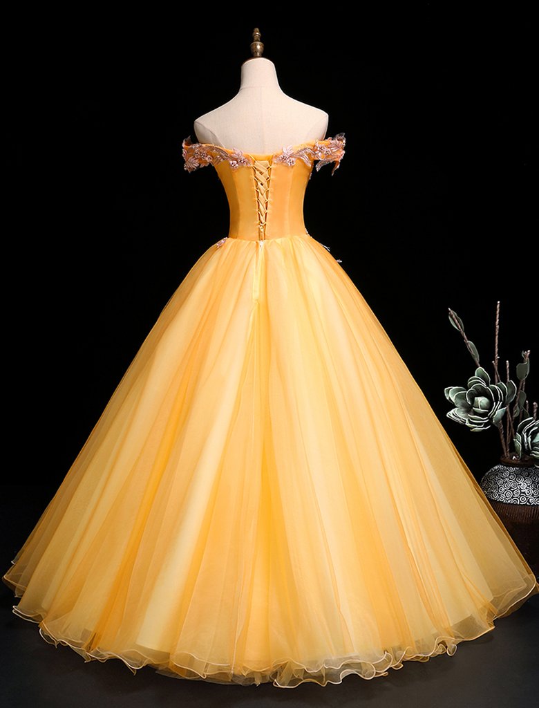 Yellow Tulle Off Shoulder Long Custom Size Senior Prom Dress, Evening Dress HZ1023