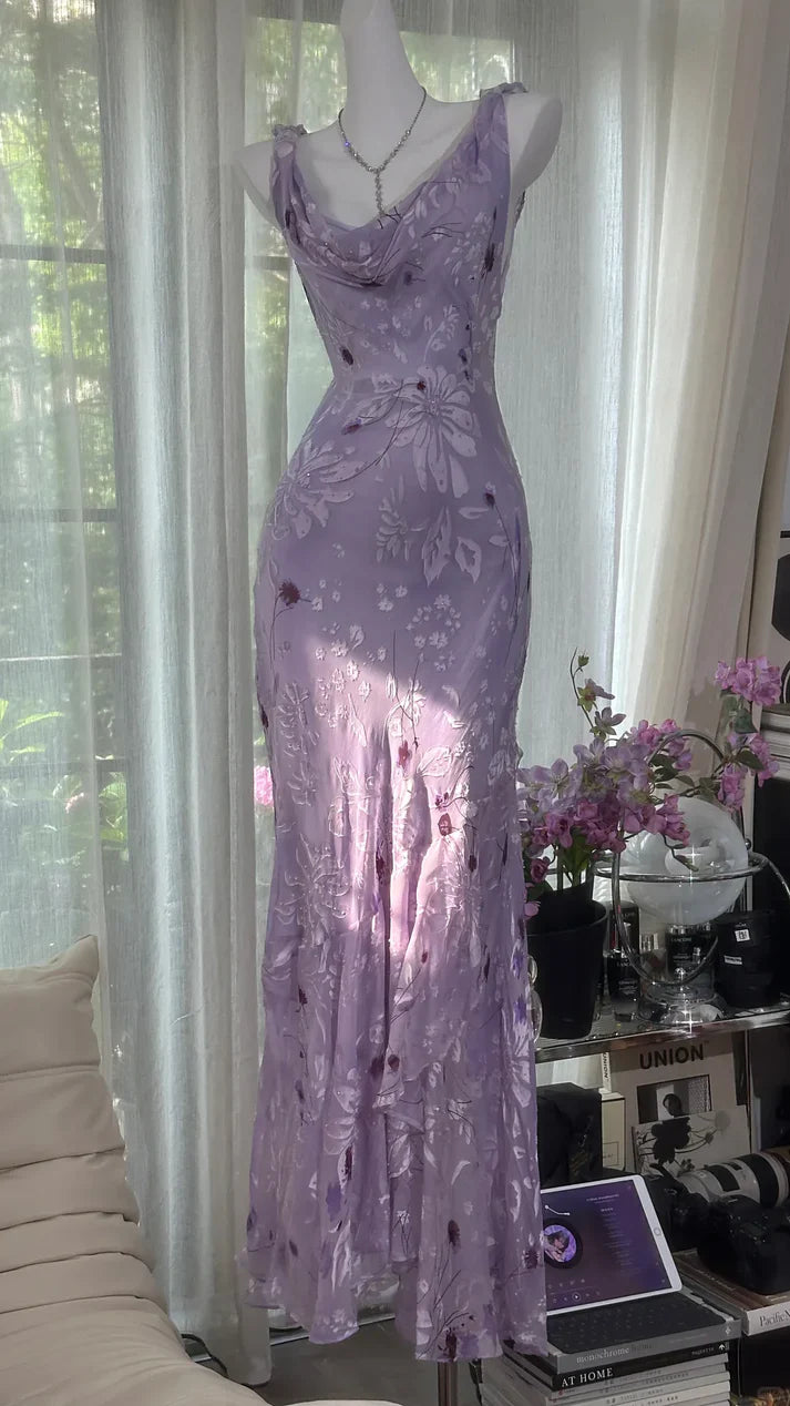Gentle Retro Mermaid Straps Print Floral Purple Satin Prom Dress Formal Dress HZ1023
