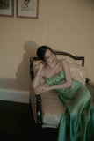 Vintage A Line Spaghetti Strap Beaded Green Satin Party Dress Evening Dress HZ1023
