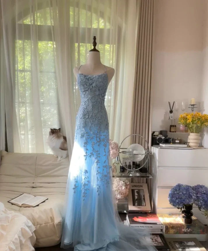Baby Blue A Line Spaghetti Straps Appliques Tulle Long Prom Dress Graduation Prom Dress HZ1023