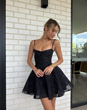 Cute A Line Spaghetti Strap Printed Floral Black Tulle Short Homecoming Dress Outfits HZ1023