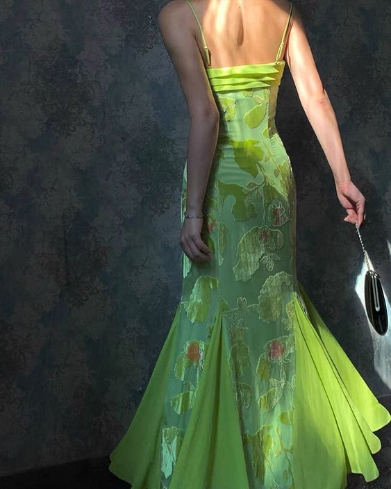 Pretty Mermaid Spaghetti Strap Print Flower Green Satin Chiffon Party Dress Evening Dress HZ1023