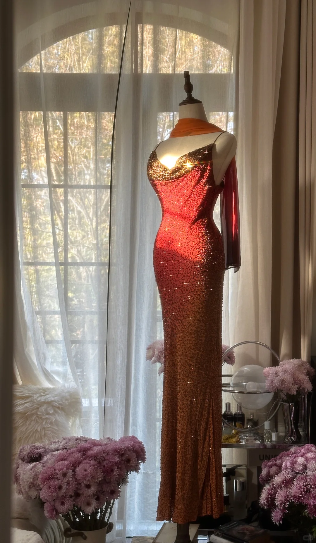 Vintage Unique Red Orange Ombre Black Beaded Chiffon Evening Dress Party Dress HZ1023