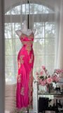 Vintage Sheath Spaghetti Strap Lace Champagne Satin Party Dress Evening Dress with Slit HZ1023
