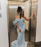 Blue Exquisite Mermaid One Shoulder Beaded Satin Long Party Dress Prom Dress Formal Dress HZ1023