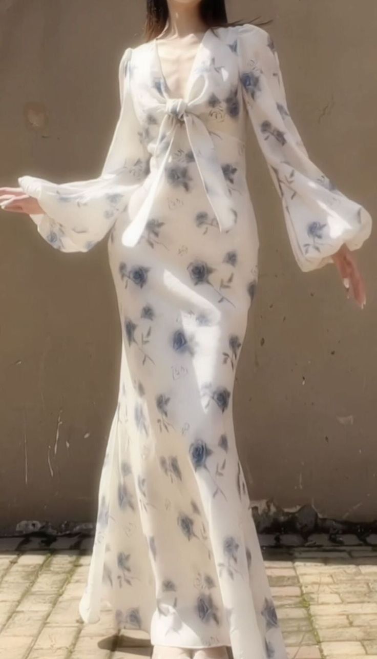 Elegant Mermaid Long Sleeve Blue Floral Chiffon Prom Dress Party Dress Outfits HZ1023