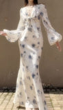 Elegant Mermaid Long Sleeve Blue Floral Chiffon Prom Dress Party Dress Outfits HZ1023