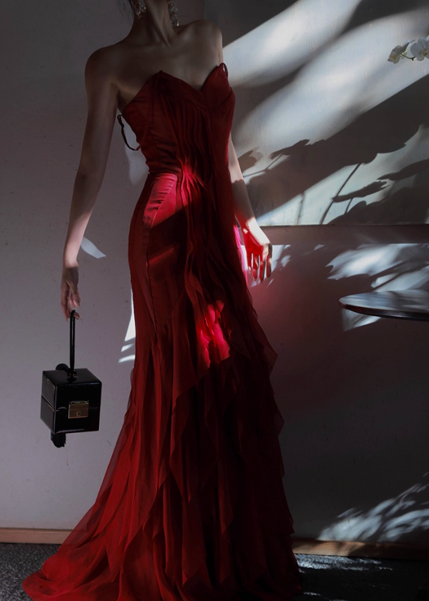 Stunning Burgundy Mermaid Spaghetti Strap Layered Chiffon Prom Dress Party Dress Date Dresses HZ1023