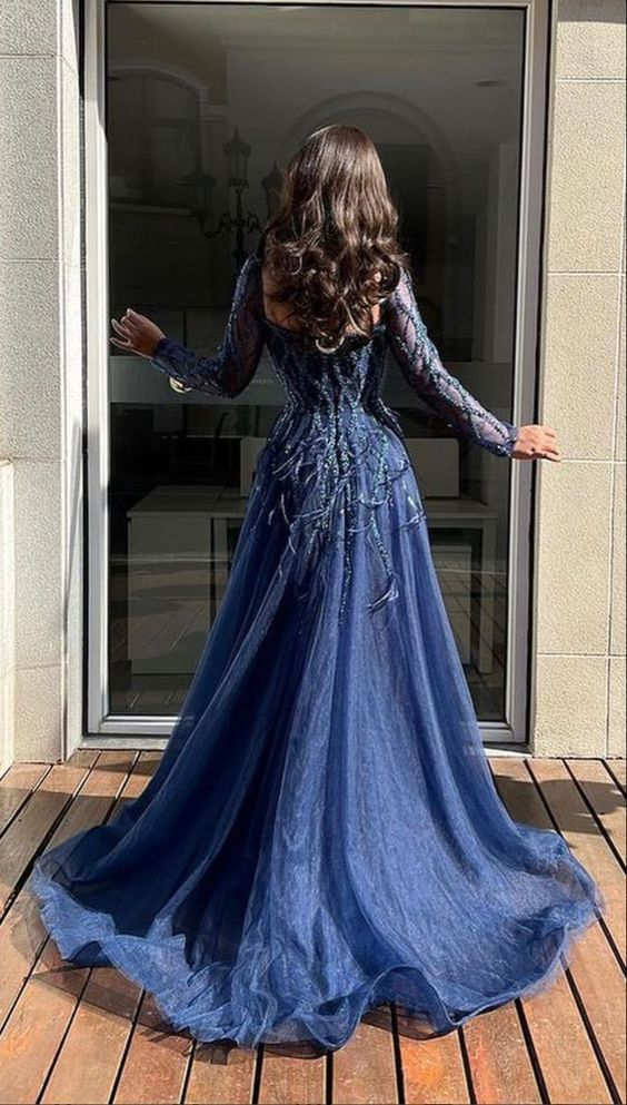 Blue Long Sleeves Slit Prom Dress Long Party Dress Evening Dress HZ1023