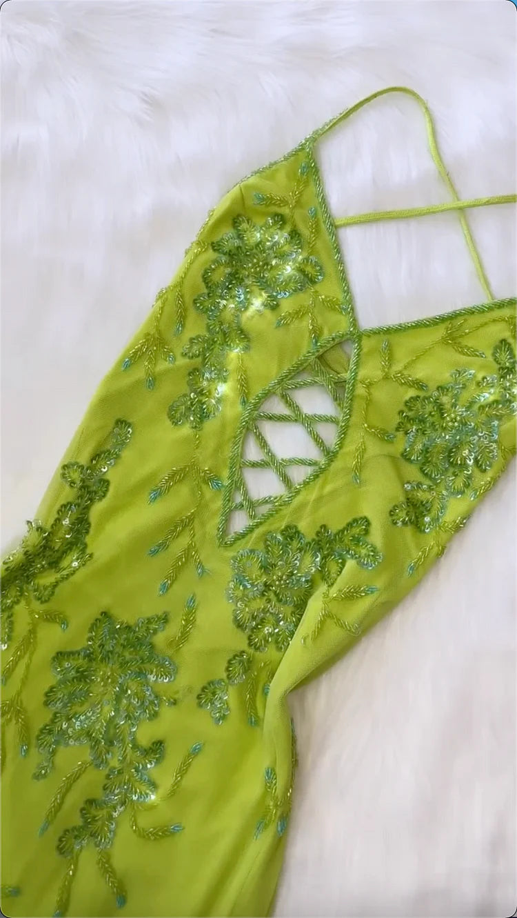 Shiny A Line Spaghetti Strap Sequin Beaded Green Chiffon Open Back Party Dress Evening Dress HZ1023