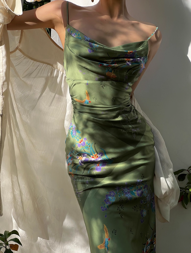 Green Simple Sheath Spaghetti Strap Print Floral Satin Prom Dress Evening Dress Formal Gown HZ1023