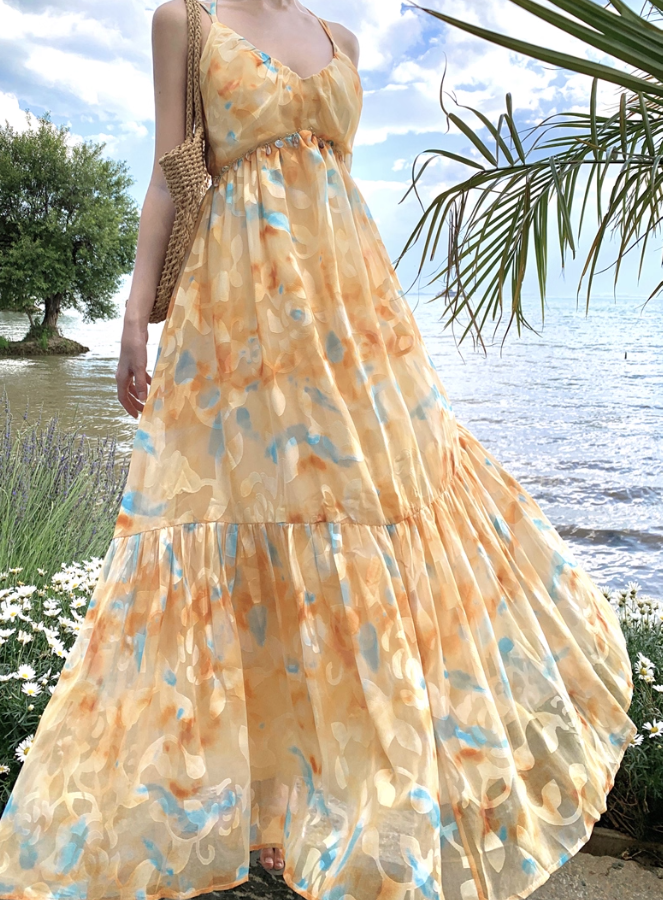 Flowy A Line Spaghetti Strap Floral Yellow Chiffon Prom Dress Vacation Dress HZ1023