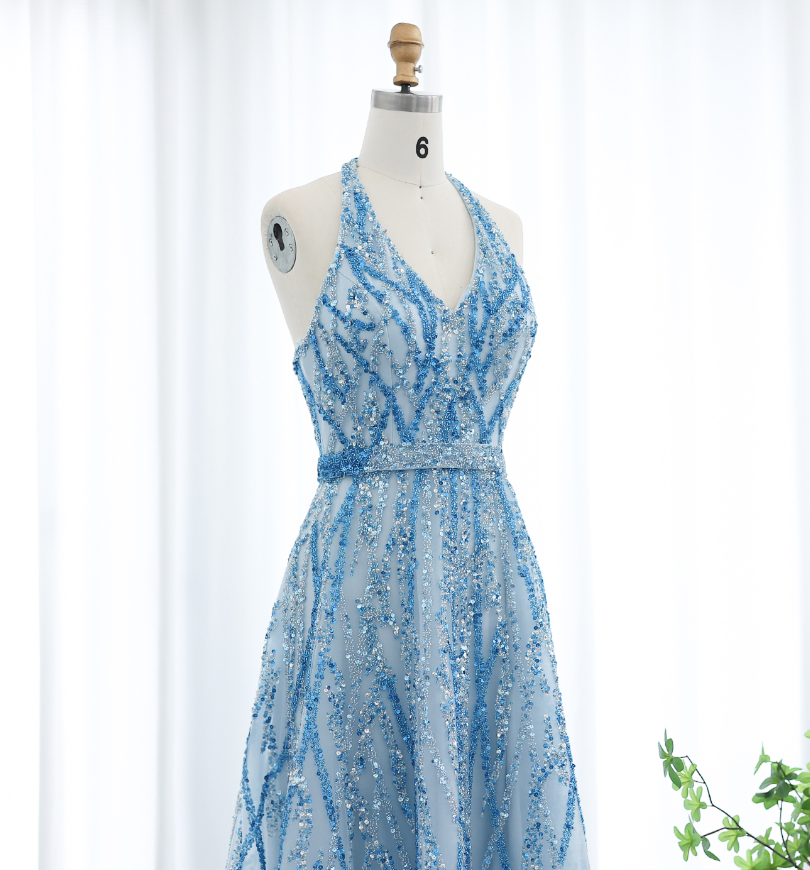 Blue A Line V Neck Sequin Beaded Tulle Long Prom Dress Evening Dress HZ1023