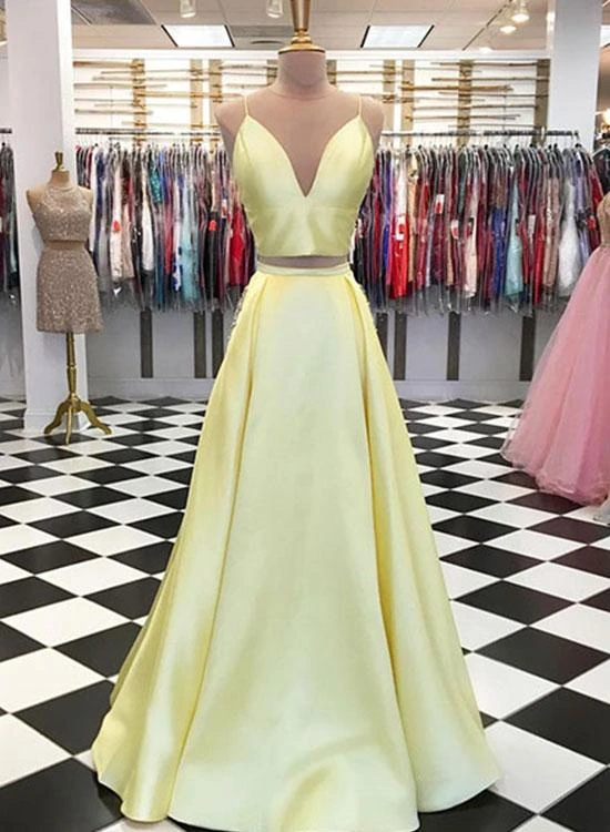 Yellow two pieces long prom dress, yellow satin evening dress HZ1023