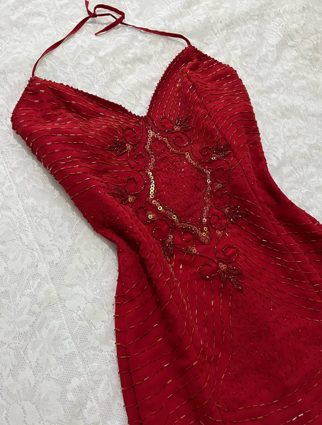 Vintage Mermaid Spaghetti Strap Sequin Beaded Red Chiffon Evening Dress Party Dress HZ1023
