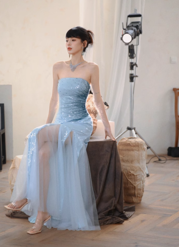 Blue Classy A Line Strapless Sequin Tulle Long Evening Dress Gown Dress HZ1023