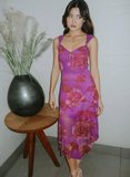 Pretty Purple A Line Straps Print Floral Chiffon Party Dress Date Dress Outfits HZ1023