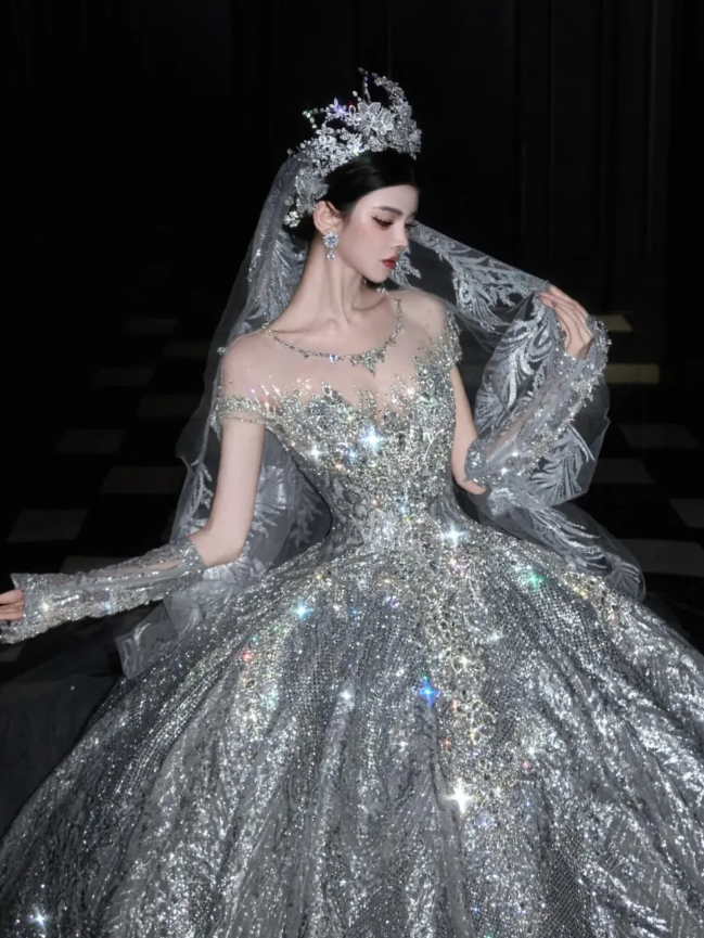 Silver Sequin Ball Gown Round Neck Prom Dress Evening Dress Party Dress HZ1023
