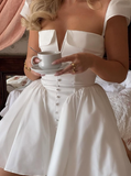 Princess A Line V Neck White Satin Short Homecoming Dress Birthday Dress HZ1023