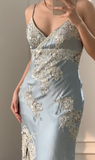 Vintage Sheath Spaghetti Strap Lace Baby Blue Satin Party Dress Evening Dress with Slit HZ1023