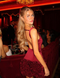 Burgundy 3D Floral Sheath Satin Open Back Short Homecoming Dress Birthday Dress HZ1023
