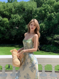 Elegant A Line Spaghetti Strap Green Print Floral Chiffon Prom Dress Evening Dress HZ1023