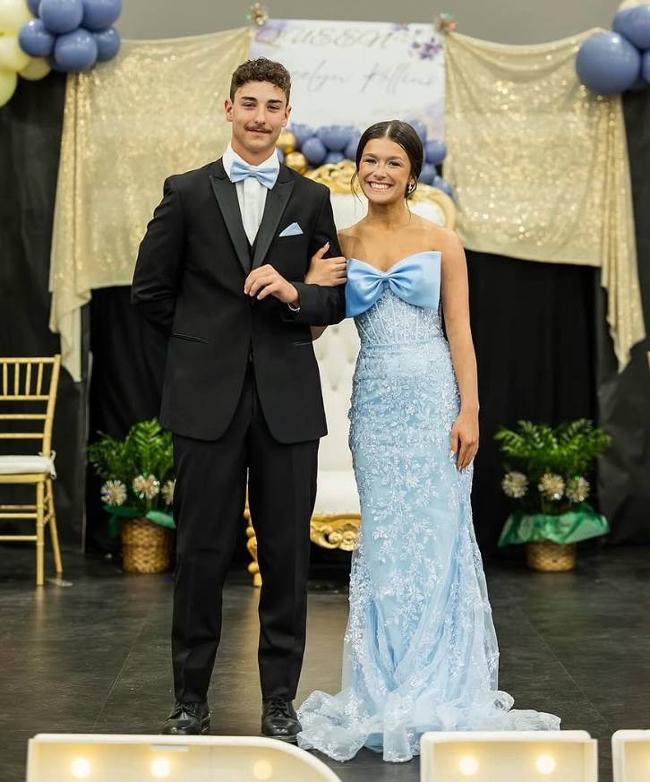 Blue Mermaid Strapless Lace Tulle Date Dress Prom Dress with Bow HZ1023