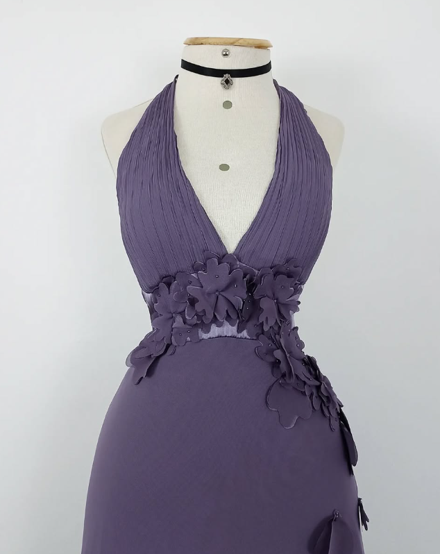 Retro A Line Halter Flower Purple Chiffon Open Back Evening Dress Party Dress HZ1023