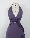 Retro A Line Halter Flower Purple Chiffon Open Back Evening Dress Party Dress HZ1023