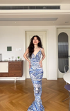Vintage Sheath Spaghetti Strap Sexy Print Floral Chiffon Prom Dress Wedding Guest Dress HZ1023