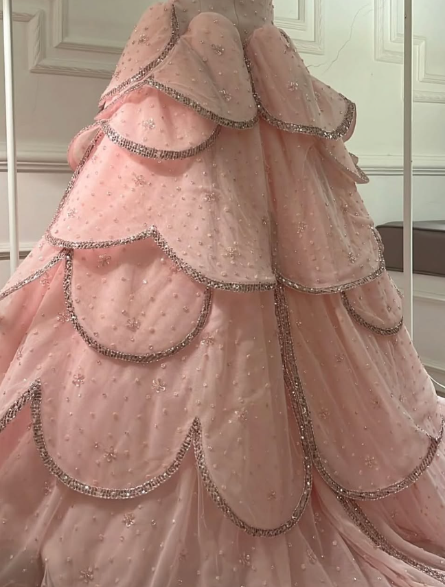 Pink A Line Strapless Tiered Beaded Tulle Party Dress Evening Dress Ball Gown HZ1023