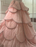 Pink A Line Strapless Tiered Beaded Tulle Party Dress Evening Dress Ball Gown HZ1023