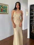 Simple Sheath Spaghetti Strap Satin Open Back Evening Dress Party Dress HZ1023