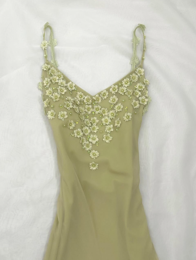 Bean Green Floral A Line Spaghetti Strap Beaded Layered Chiffon Homecoming Dress Party Dress HZ1023
