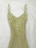 Bean Green Floral A Line Spaghetti Strap Beaded Layered Chiffon Homecoming Dress Party Dress HZ1023