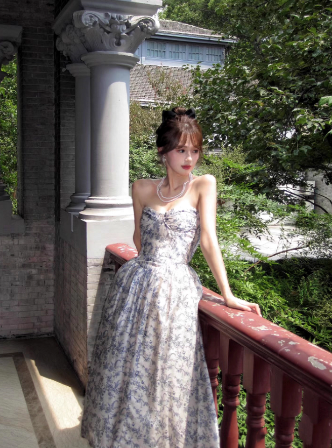 Blue A Line Sweetheart Neck Print Floral Satin Prom Dress 16th Birthday Dress HZ1023