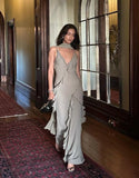 Simple Flowy Sheath Spaghetti Strap Ruffle Chiffon Prom Dress Party Dress HZ1023