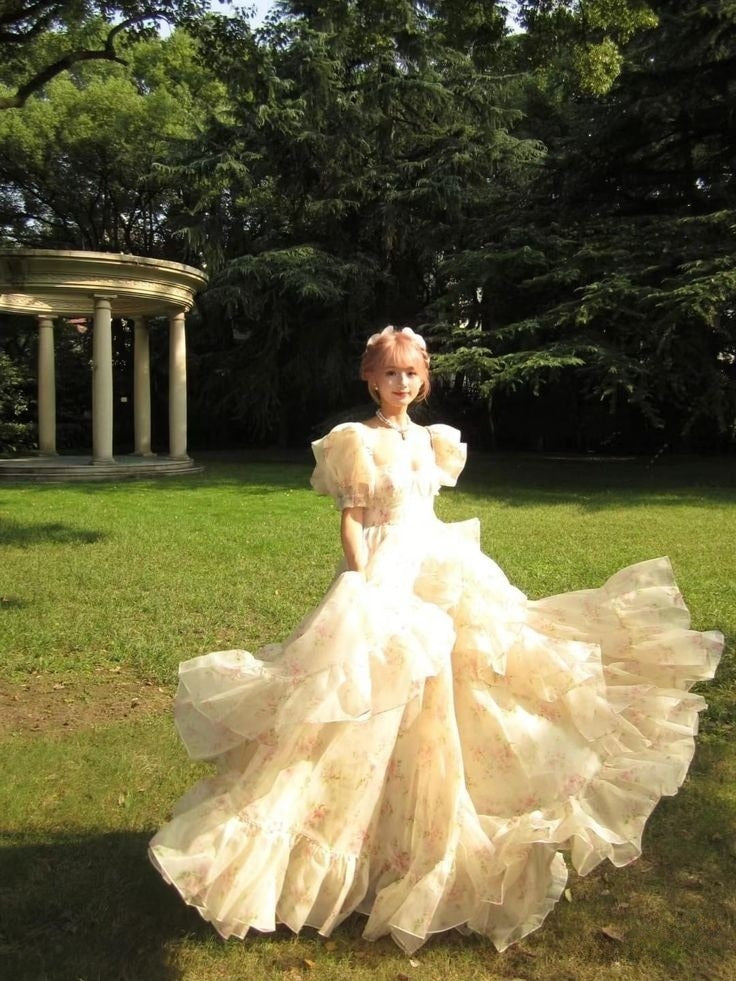Romantic A Line Puff Sleeve Print Flower Chiffon Party Dress Evening Dress with Slit HZ1023