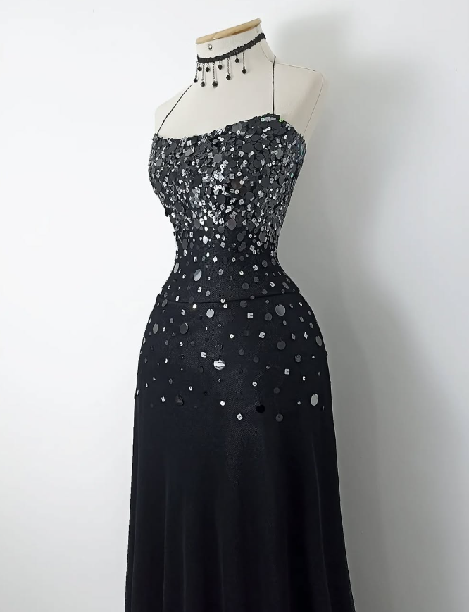 Retro A Line Spaghetti Strap Black Sequin Chiffon Evening Dress Party Dress HZ1023