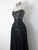 Retro A Line Spaghetti Strap Black Sequin Chiffon Evening Dress Party Dress HZ1023
