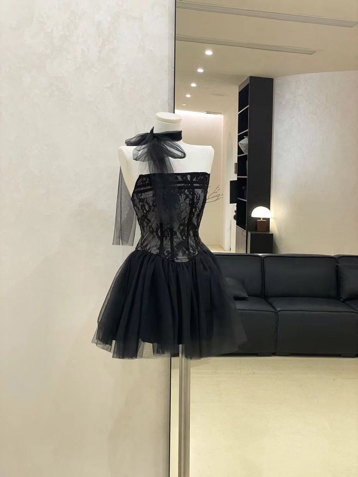 Black Sexy A Line Strapless Lace Tulle Short Homecoming Dress Cocktail Dress HZ1023