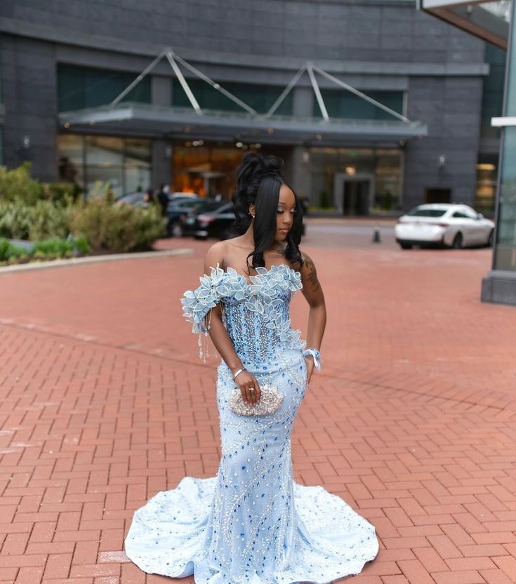 Blue Exquisite Mermaid One Shoulder Beaded Satin Long Party Dress Prom Dress Formal Dress HZ1023