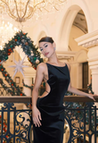 Black Mermaid Velvet Open Back Long Prom Dress Wedding Guest Dress HZ1023
