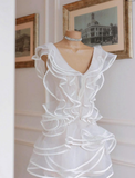 White A Line V Neck Ruffle Layered Tulle Short Homecoming Dress Outfits HZ1023